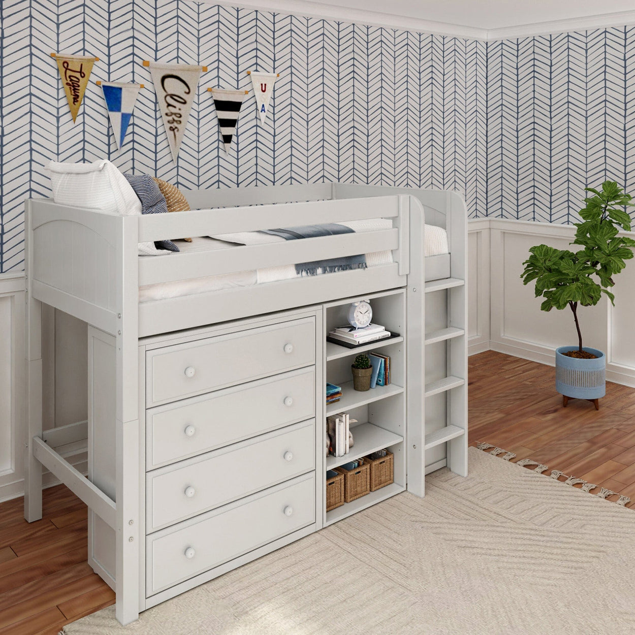 Gray loft bed with integrated storage drawers and bookshelves in a stylish kids' room.
