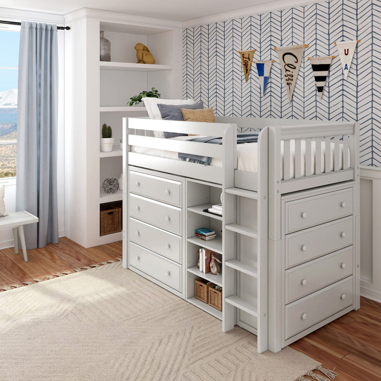 Stylish white loft bed with storage drawers and shelves in a modern kids bedroom with herringbone wallpaper and natural light.