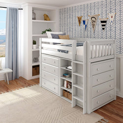 Stylish white loft bed with storage drawers and shelves in a modern kids bedroom with herringbone wallpaper and natural light.