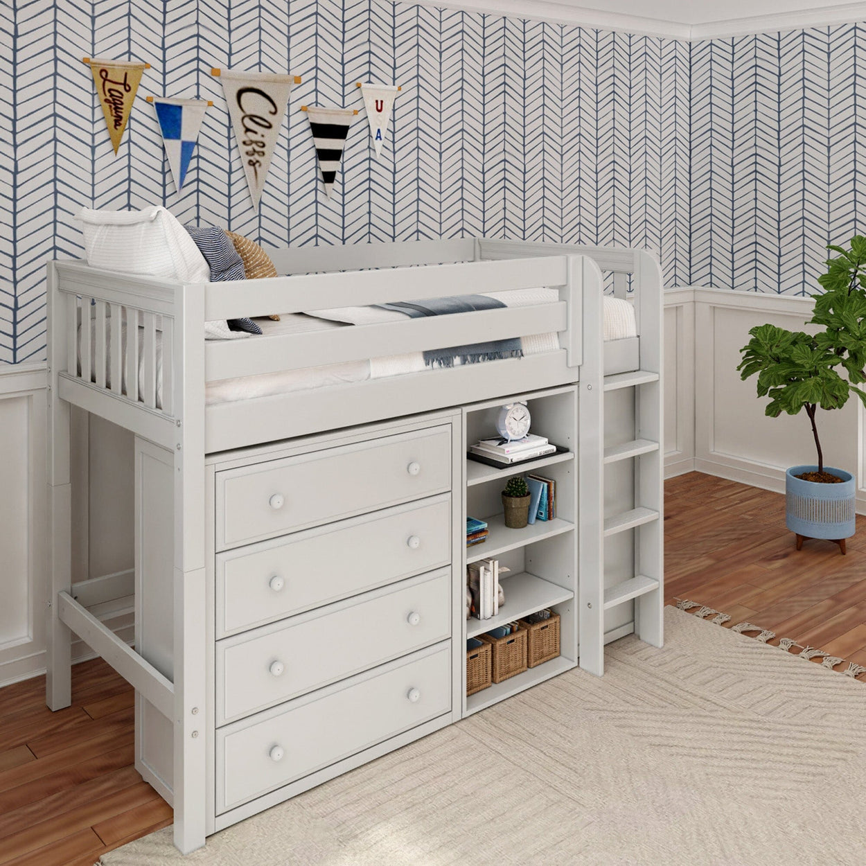 White loft bed with built-in storage and ladder in a modern kids room.