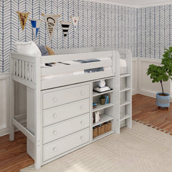 White loft bed with built-in storage and ladder in a modern kids room.