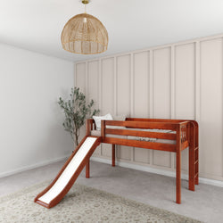 Children's wooden loft bed with slide in a modern bedroom setting.