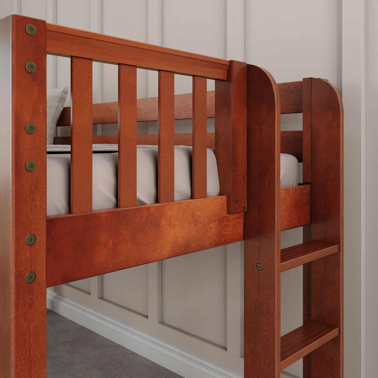 Wooden bunk bed with ladder in modern bedroom design.