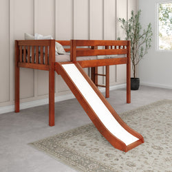 Loft bed with built-in slide and ladder in children's bedroom, wooden frame, modern design.