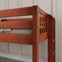Wooden bunk bed with ladder and safety rails in modern bedroom.