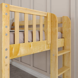 Wooden bunk bed with ladder and beige wall panel background.