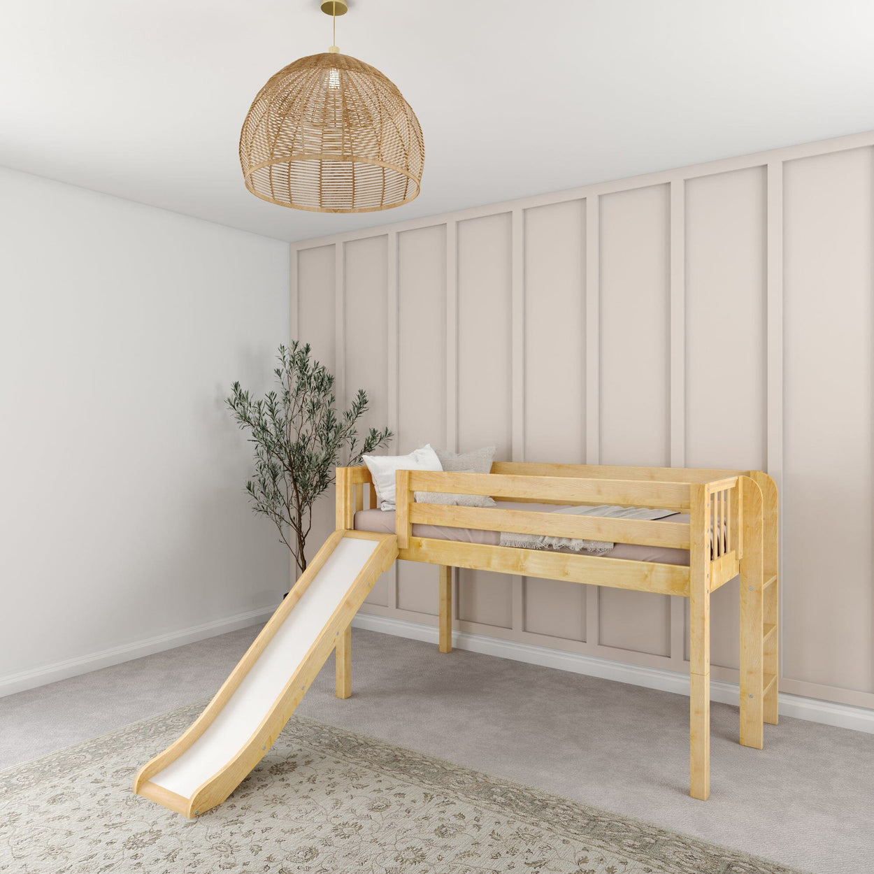 Wooden loft bed with slide in a modern kids' bedroom, featuring neutral decor and accent wall.