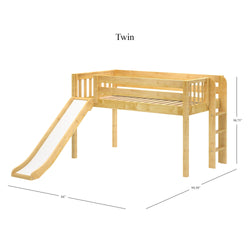 Twin wooden loft bed with slide and ladder, dimensions included.