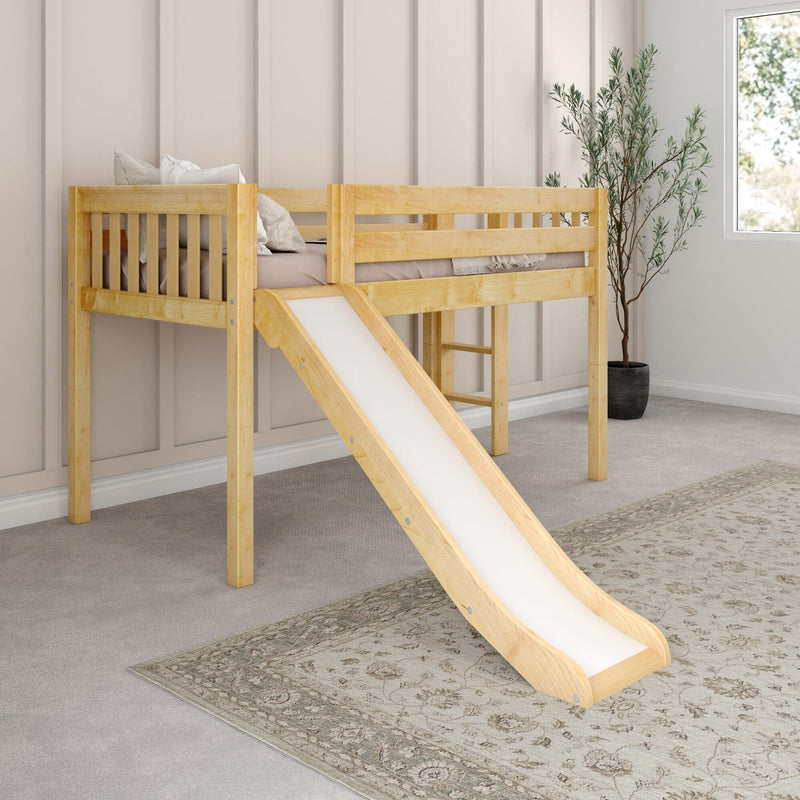 Light natural wood kids loft bed with slide in a neutral modern bedroom, ladder, cozy pillows and potted plant by window