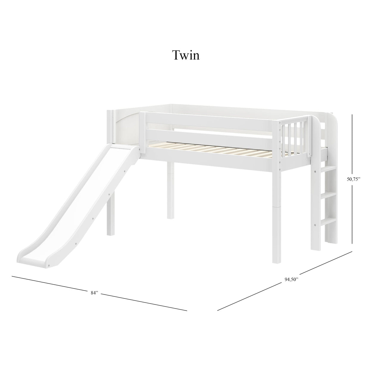 White twin loft bed with slide and ladder, featuring dimensions of 50.75 inches height, 84 inches length, and 94.5 inches width, ideal for kids' room furniture.