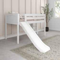White loft bed with slide in a modern children's bedroom.