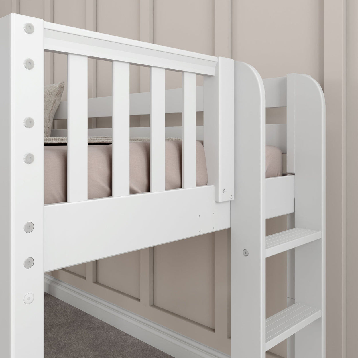 White wooden loft bed with built-in ladder and beige bedding against a neutral paneled wall.