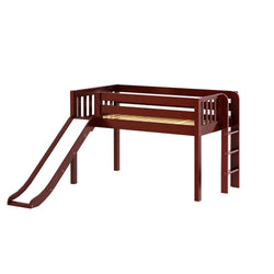 Wooden loft bed with slide and ladder for kids.