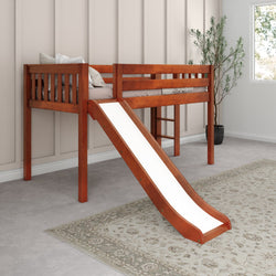 Wooden loft bed with slide in modern bedroom, featuring neutral tones and a cozy atmosphere.