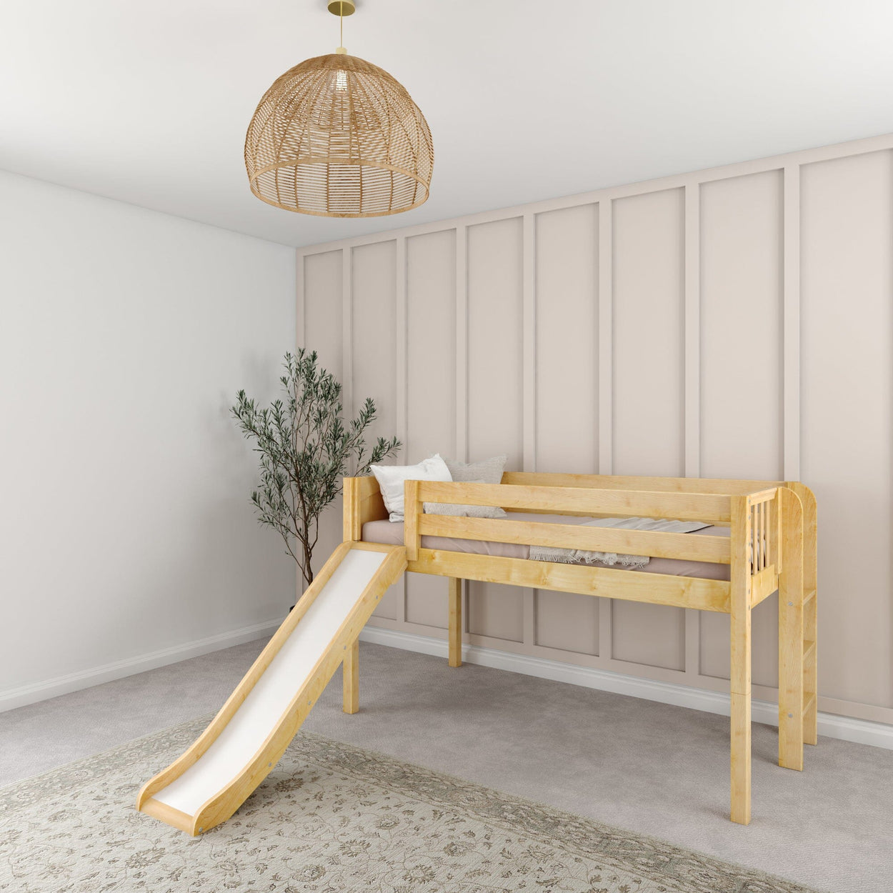 Children's wooden loft bed with slide in modern bedroom decor.