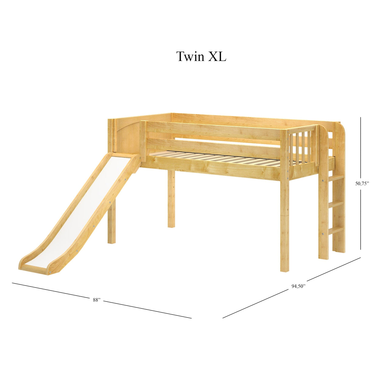 Twin XL loft bed with slide and ladder, natural wood finish, children’s bedroom furniture.