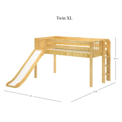 Twin XL loft bed with slide and ladder, natural wood finish, children’s bedroom furniture.