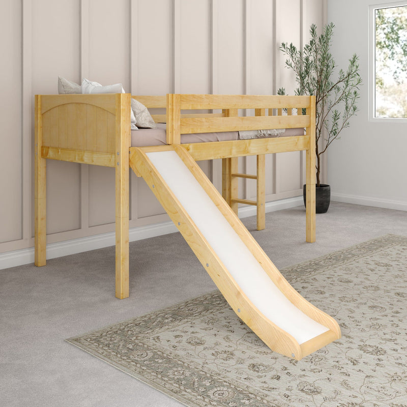 Natural wood loft bed with slide and ladder in a neutral kids' room with beige paneled wall, soft bedding, potted plant and window.