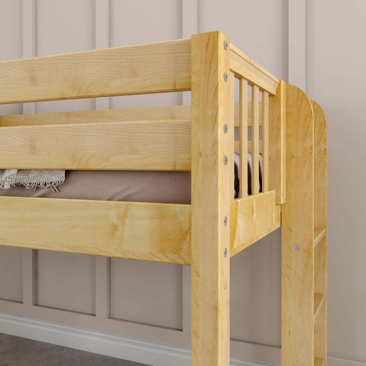 Wooden twin loft bed with ladder and railings in a modern bedroom setting.
