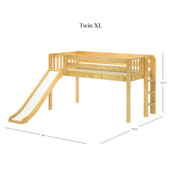 Twin XL loft bed with slide and ladder, natural wood finish, dimensions included.