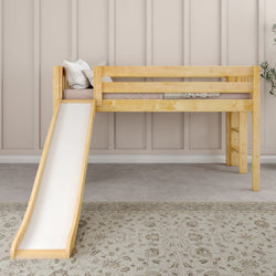 Wooden loft bed with slide for kids in a cozy bedroom.