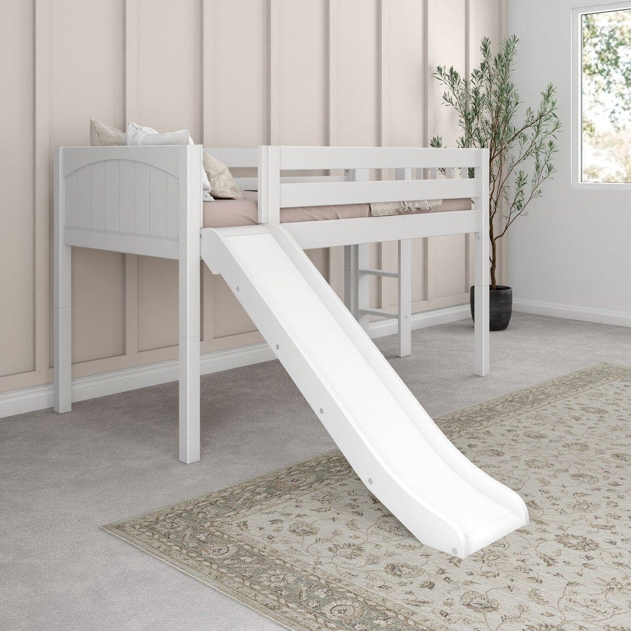 White loft bed with slide and ladder in modern children's bedroom.