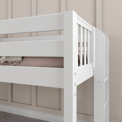 White wooden bunk bed with ladder in a modern bedroom setting.