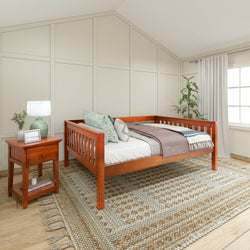 Stylish modern bedroom with wooden twin daybed, decorative pillows, cozy area rug, nightstand with lamp, and potted plant by the window.