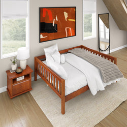 Cozy bedroom with wooden daybed, white bedding, abstract wall art, and minimalistic decor.