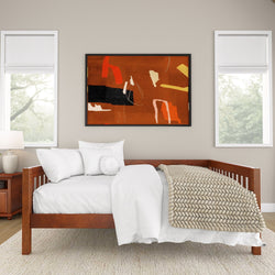Cozy modern bedroom with abstract art and wooden bed featuring white pillows and blankets.