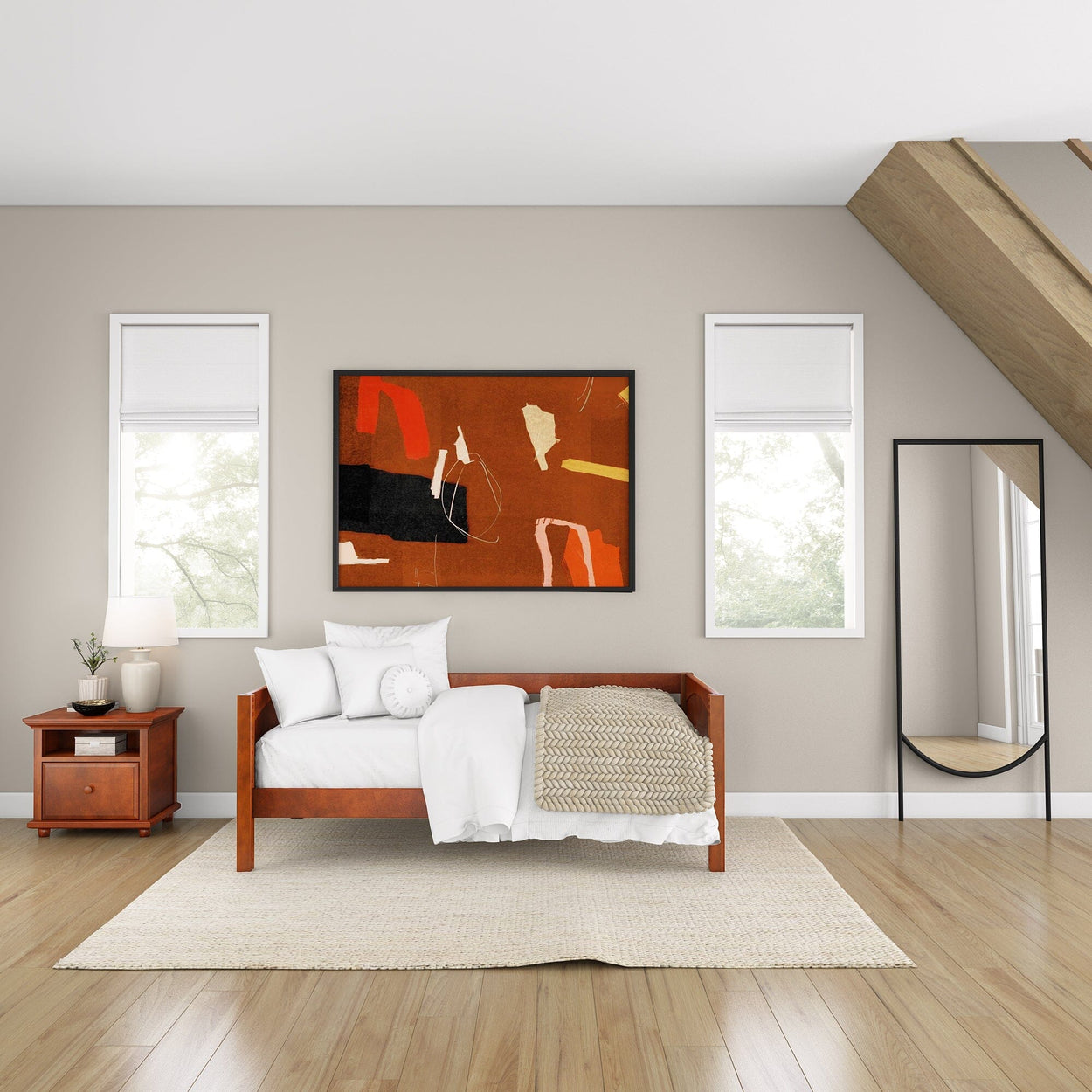 Cozy minimalist bedroom with modern art and wooden furniture.