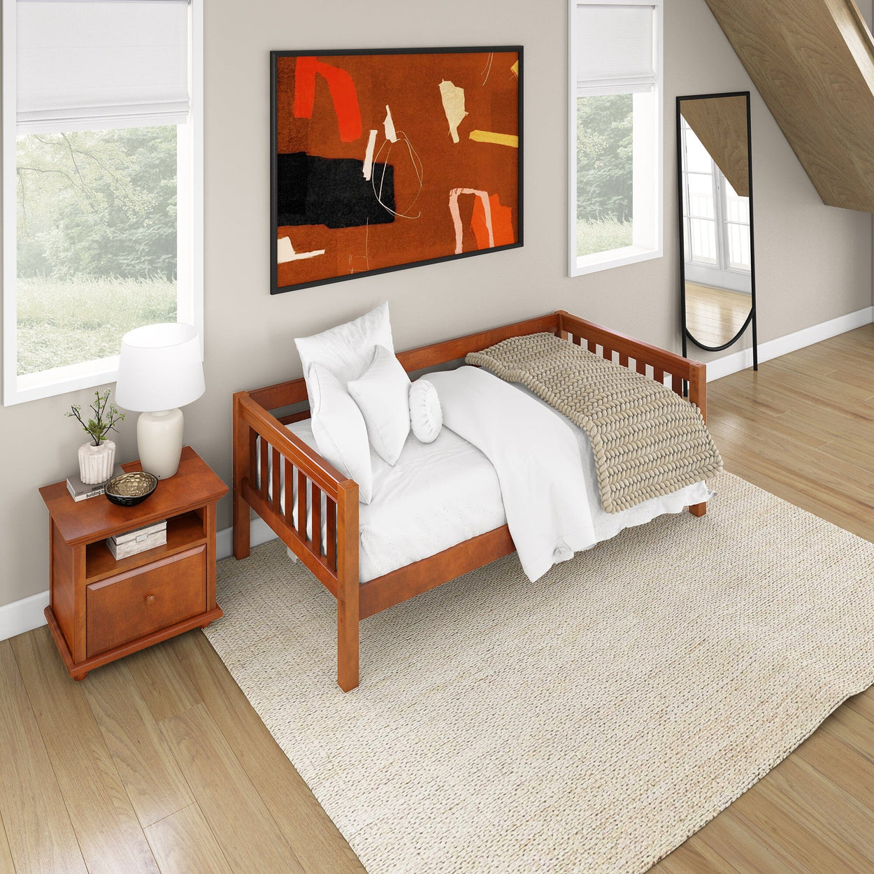 Cozy attic bedroom with wooden daybed and modern decor elements.