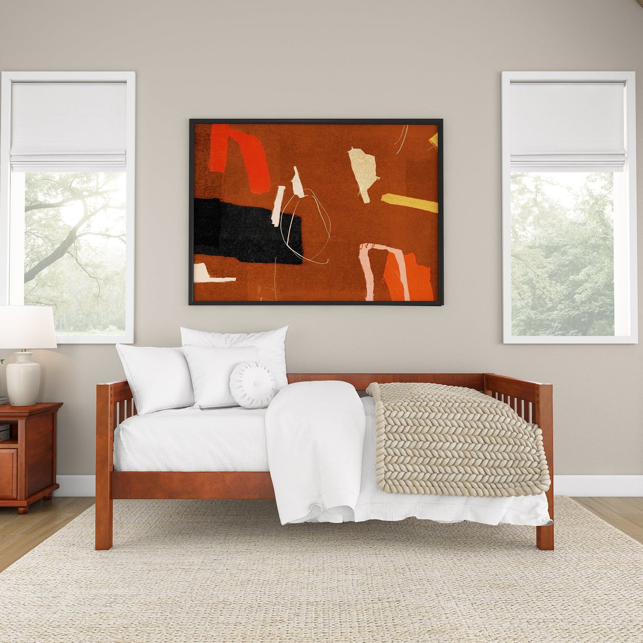 Minimalist bedroom with abstract wall art, wooden bed, and cozy white bedding.