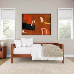 Minimalist bedroom with abstract wall art, wooden bed, and cozy white bedding.