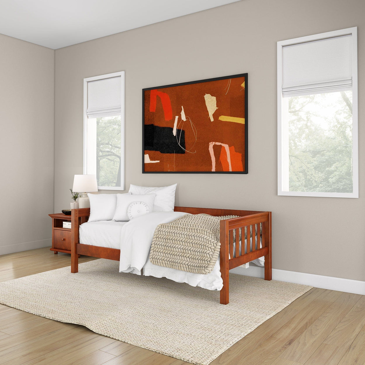 Modern minimalist bedroom with wooden daybed, decorative abstract wall art, and natural light.