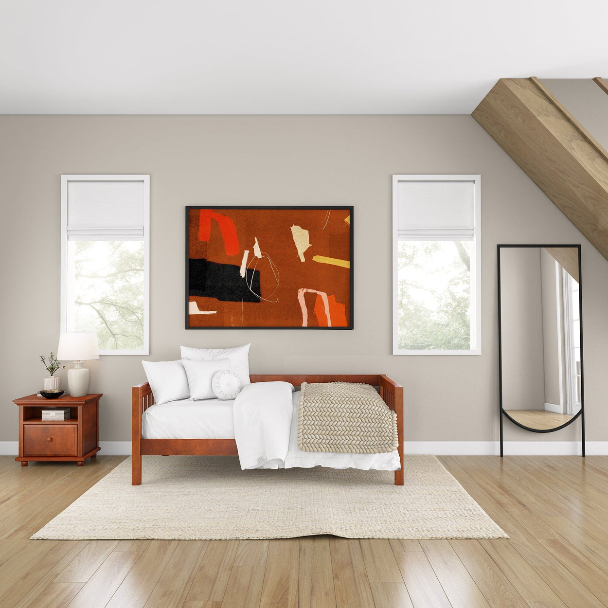 Modern bedroom interior with wooden bed, abstract artwork, large mirror, and natural light.