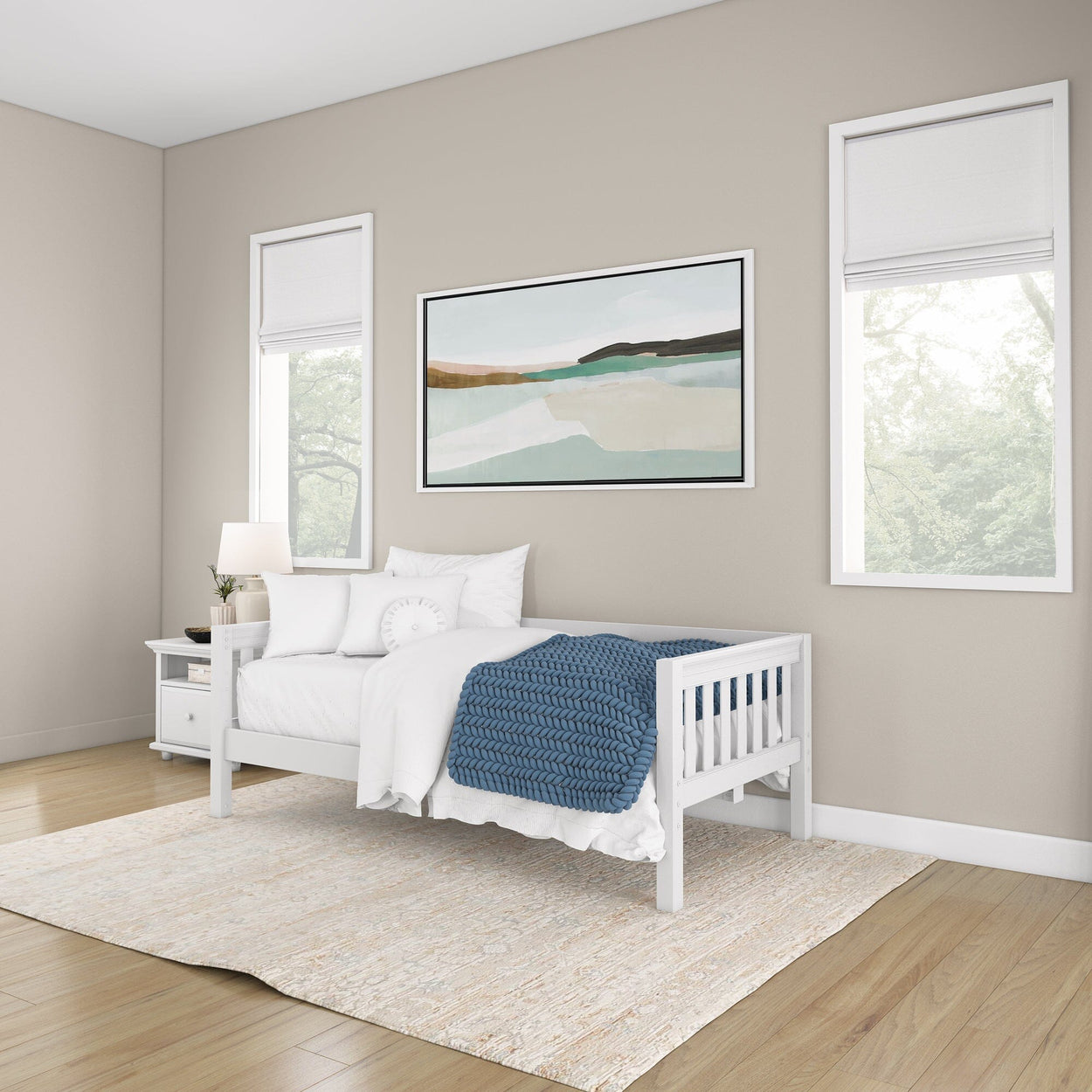 Minimalist bedroom with white furniture and blue accents, featuring modern decor and elegant wall art.