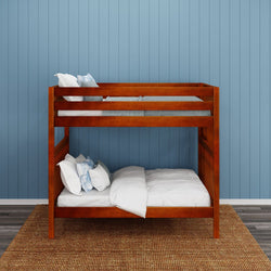 Wooden bunk bed in a blue bedroom with white bedding and pillows.