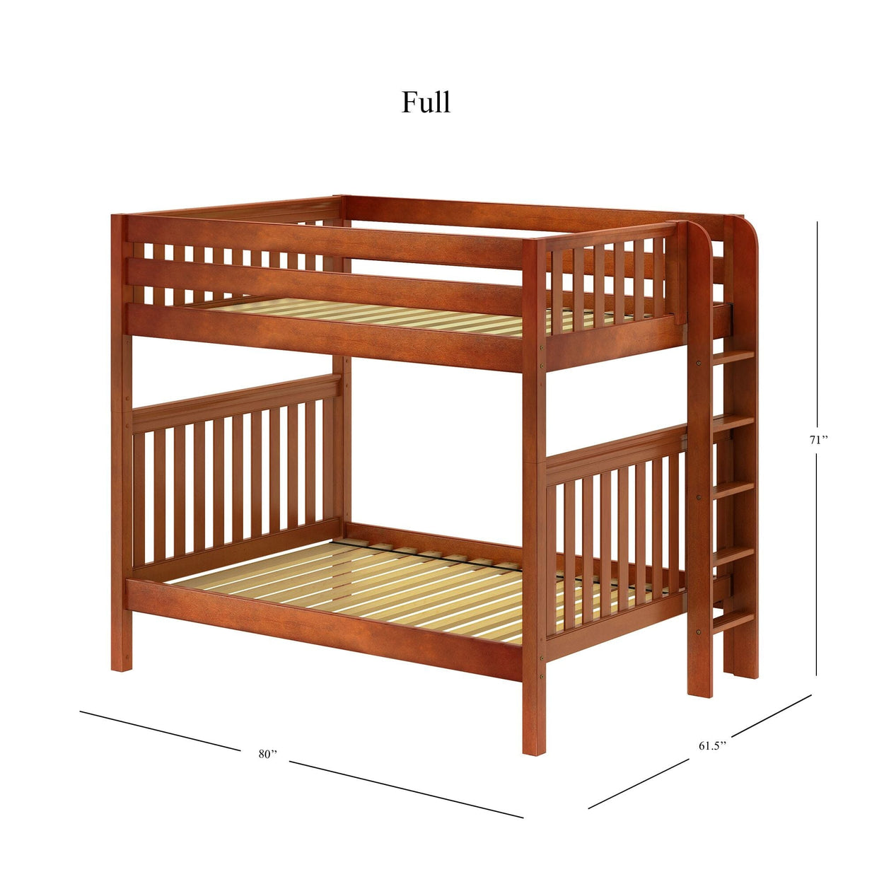 Full-size wooden bunk bed with ladder, slatted design, ideal for maximizing space in children's bedrooms.