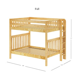 Full-size wooden bunk bed with ladder and slatted frame measurements.