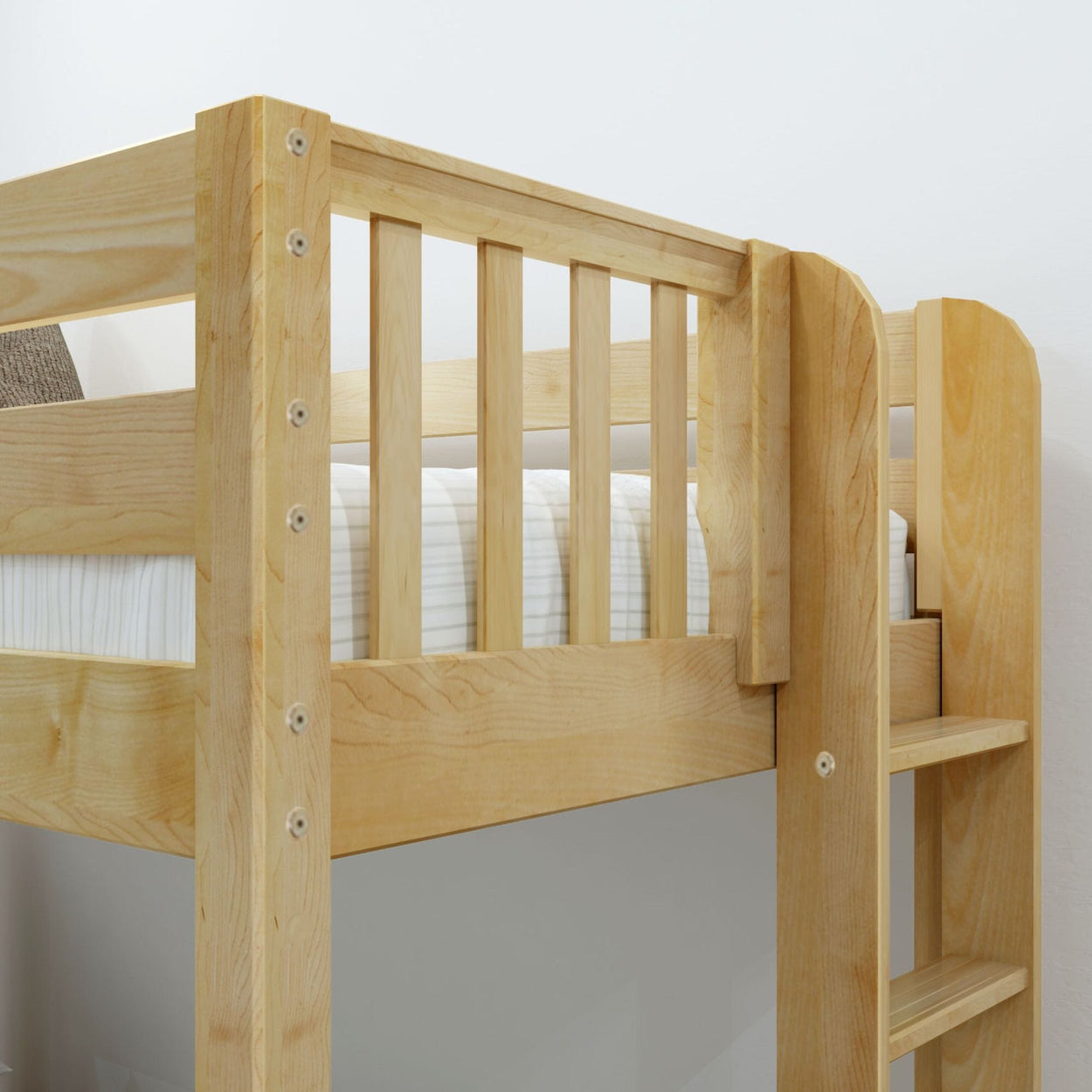 Wooden bunk bed with ladder and striped bedding, ideal for space-saving in kids' bedroom.