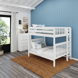 White wooden bunk bed against a blue paneled wall in a modern bedroom with natural lighting.