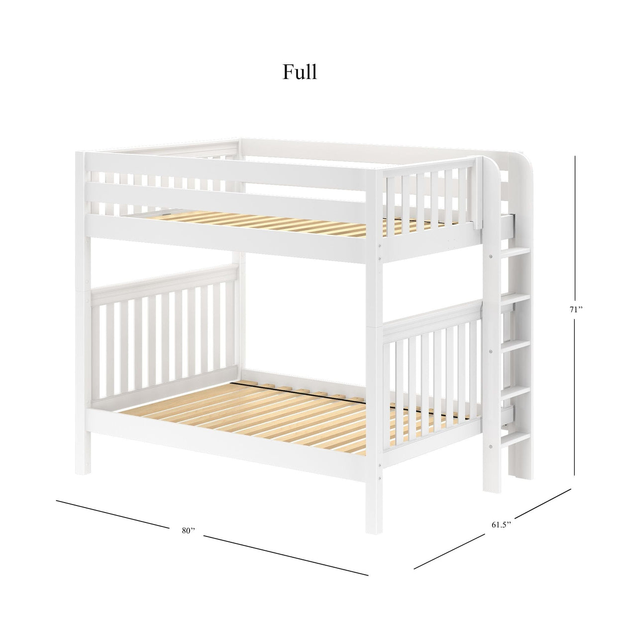 White full-size wooden bunk bed with ladder and measurements.