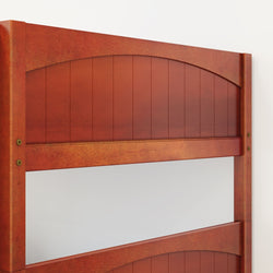 Rustic wooden headboard with an arched design, featuring rich brown finish and vertical panels, perfect for enhancing bedroom decor.