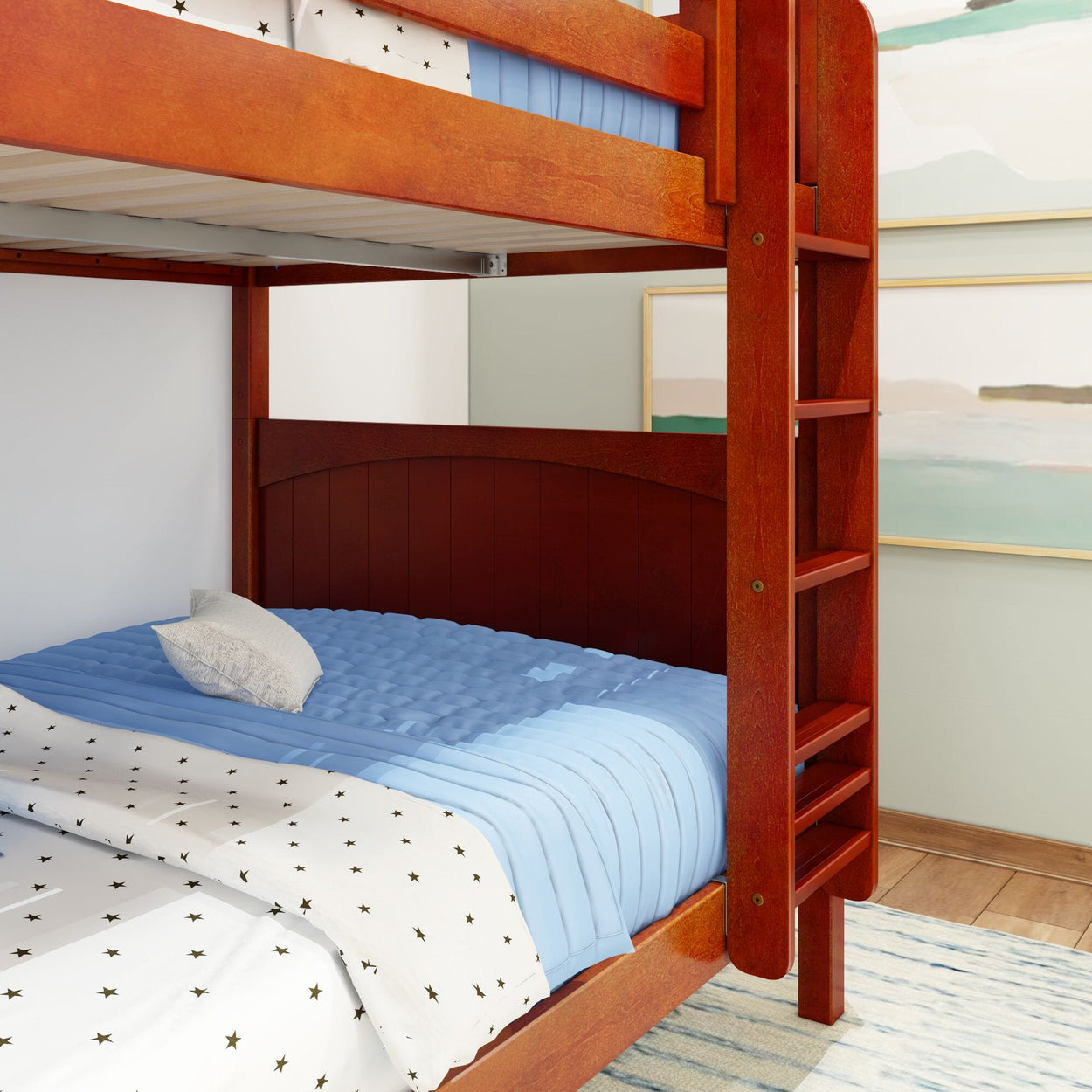 Rustic wooden bunk bed with blue bedding in modern bedroom setting.