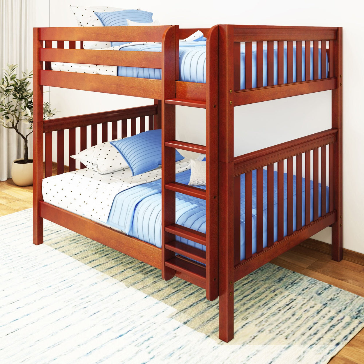 Red wooden bunk bed with blue and white bedding, featuring a sturdy ladder and a stylish design, perfect for kids' rooms.