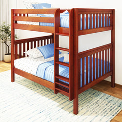 Red wooden bunk bed with blue and white bedding, featuring a sturdy ladder and a stylish design, perfect for kids' rooms.