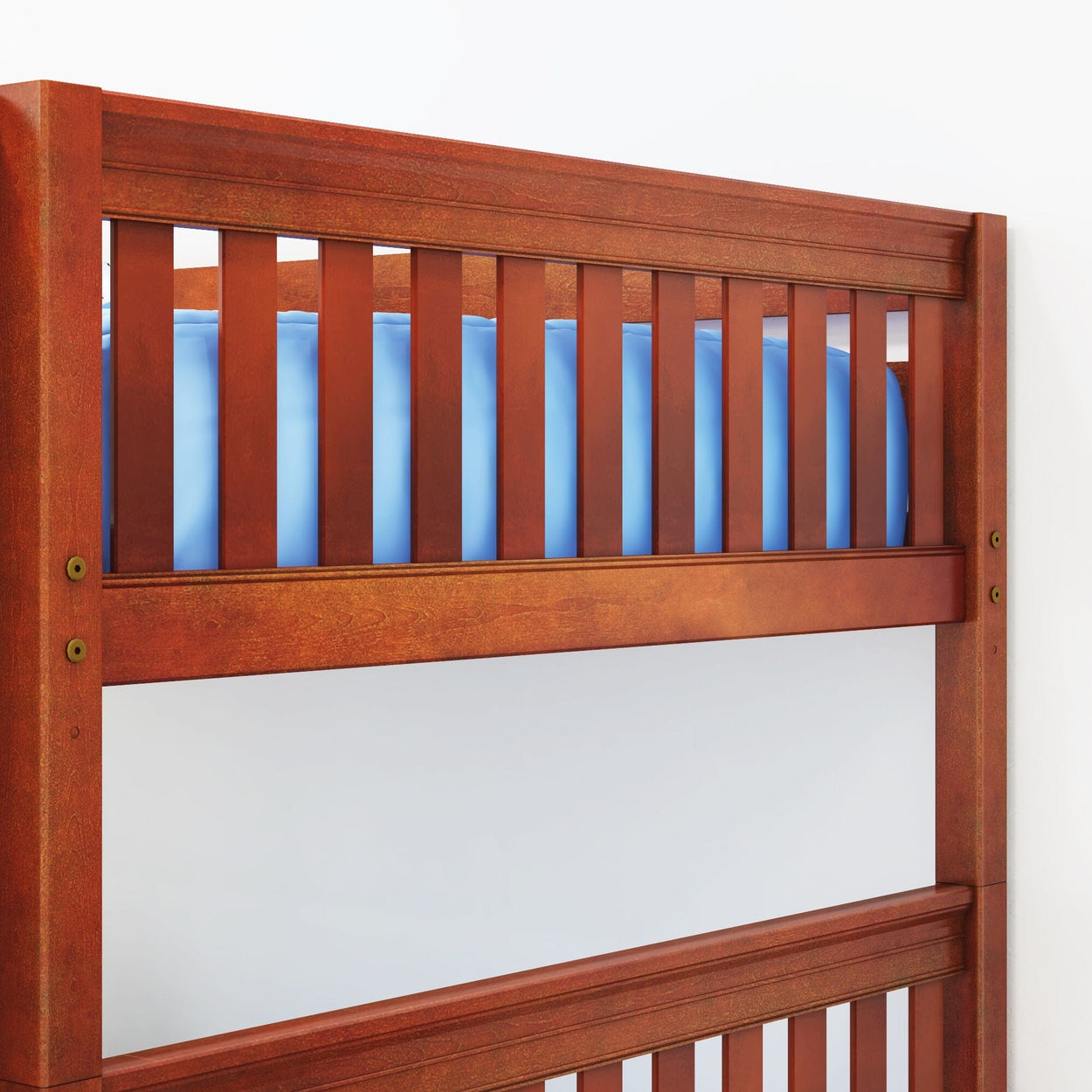 Wooden bunk bed with slatted guardrail and blue mattress.