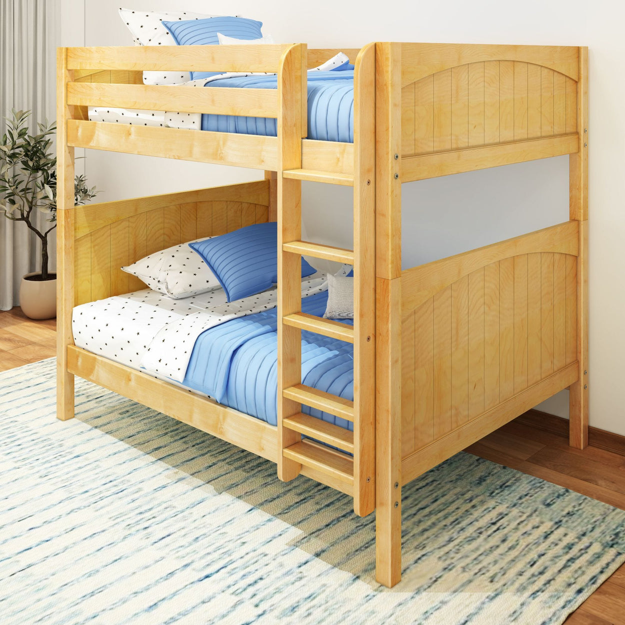 Wooden bunk bed with blue and white bedding in a modern bedroom setting.