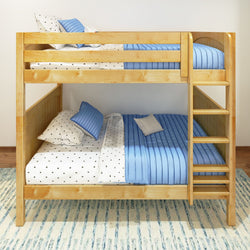 Wooden bunk bed with blue-striped bedding and star-patterned sheets in a cozy bedroom setting.